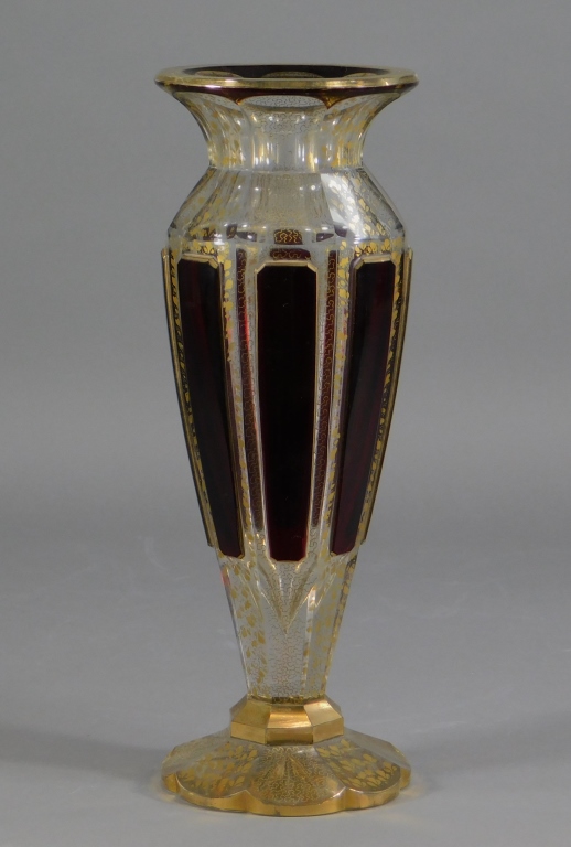 Appraisal: C BOHEMIAN MOSER FACETED RUBY GILT GLASS VASE Czechoslovakia Late