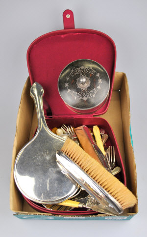 Appraisal: A silver brush set a powder bowl with silver tortoiseshell