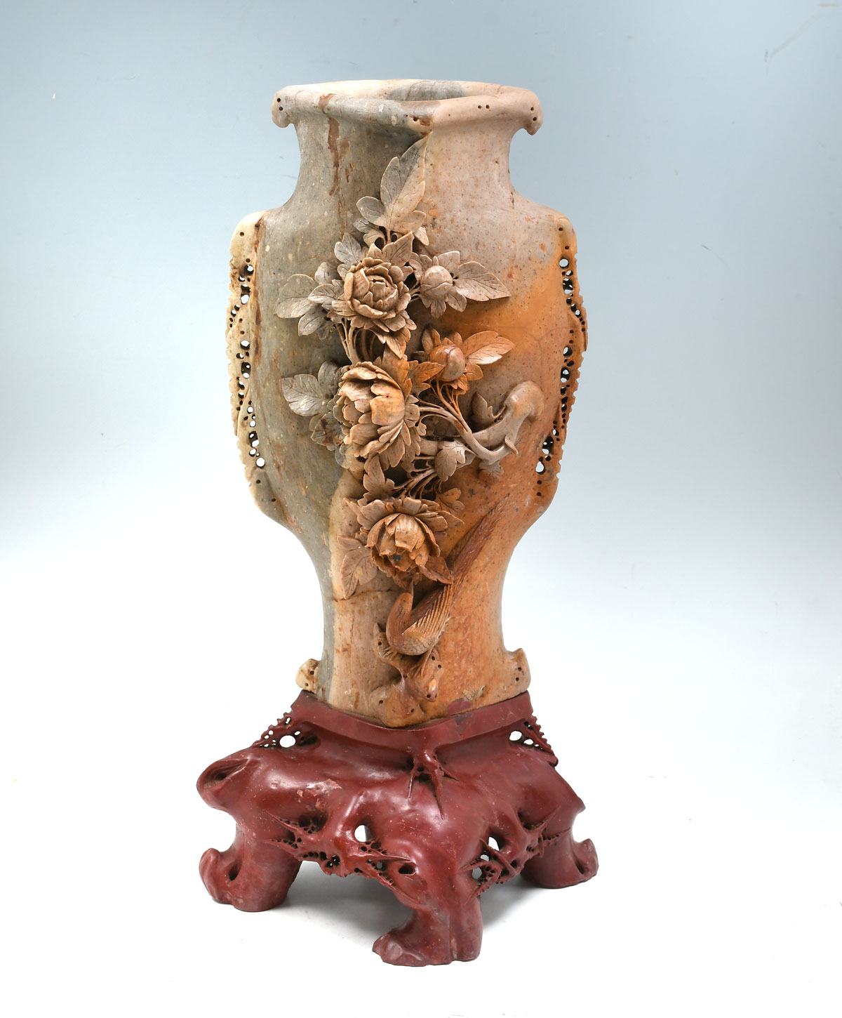 Appraisal: CHINESE CARVED SOAPSTONE FLOWER VASE Large carved Chinese soapstone vase