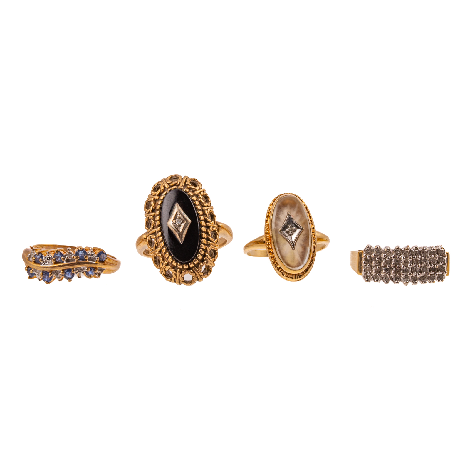 Appraisal: FOUR GEMSTONE DIAMOND RINGS IN K K yellow gold elongated