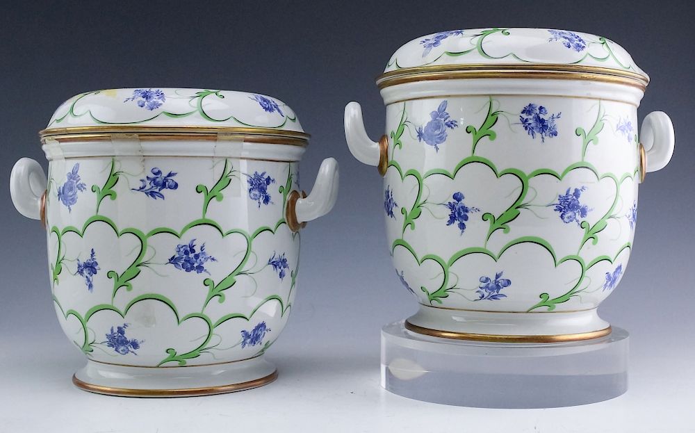 Appraisal: Sevres Style PAIR of Porcelain Handled Cache Pots Pair of