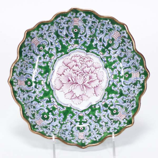 Appraisal: Chinese Canton enamel on bronze dish with central pink peony