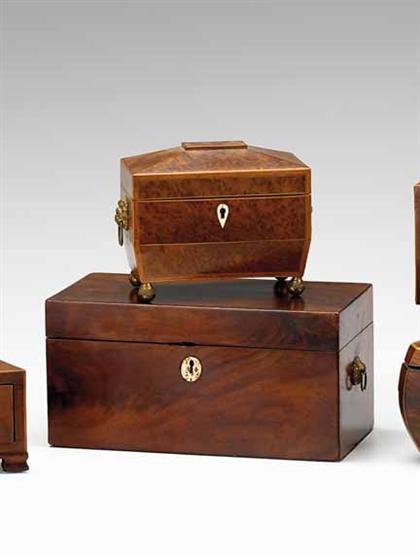 Appraisal: Inlaid burl tea caddy and a mahogany document box th