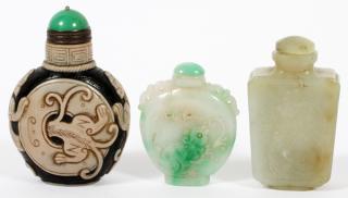 Appraisal: CHINESE JADE AND GLASS SNUFF BOTTLES THREE CHINESE JADE AND