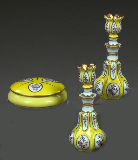 Appraisal: French Three-Piece Fond Jaune Porcelain Dresser Set first quarter th