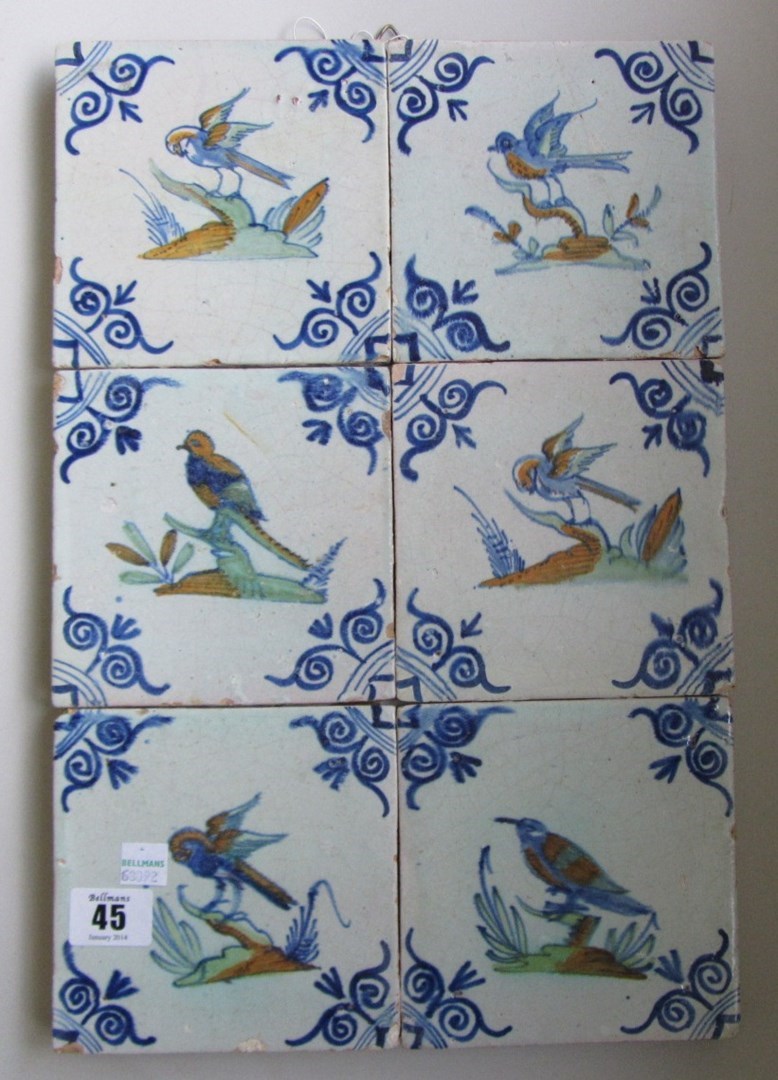 Appraisal: A Dutch Delft polychrome ornithological tile panel first half th