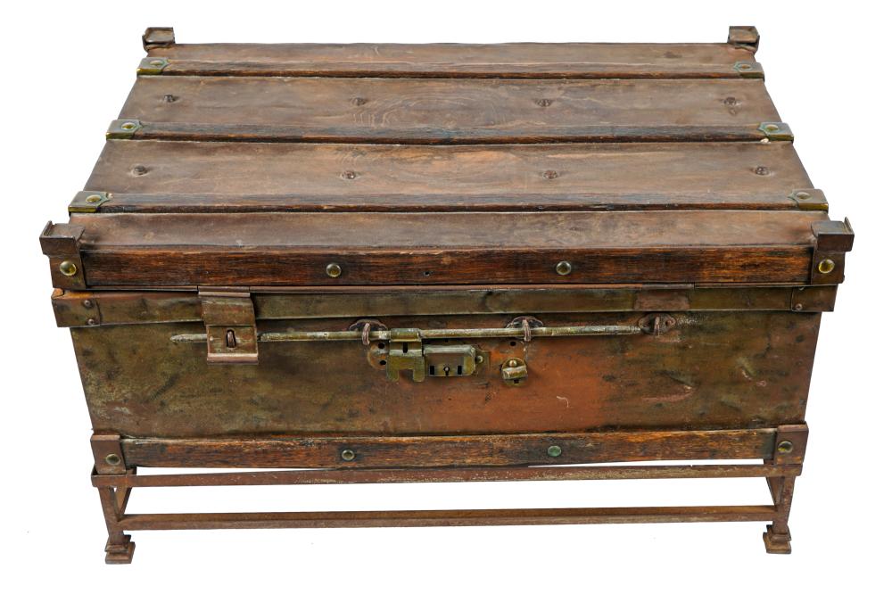 Appraisal: ENGLISH METAL TRUNK WOOD ON STANDwith metal tag to interior