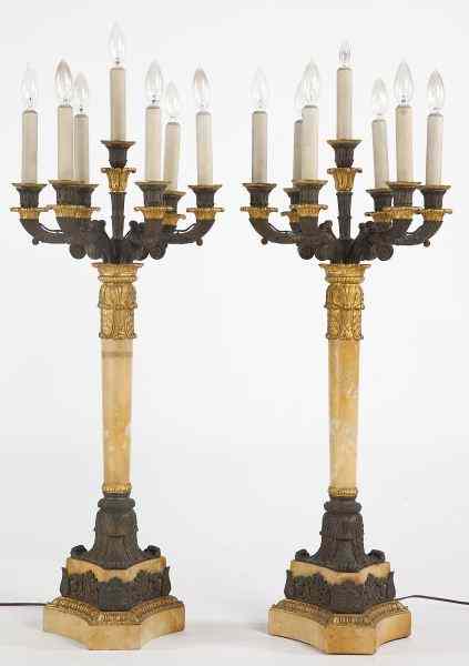 Appraisal: Pair of French Empire Period Large Candelabragilt bronze sena fleuri