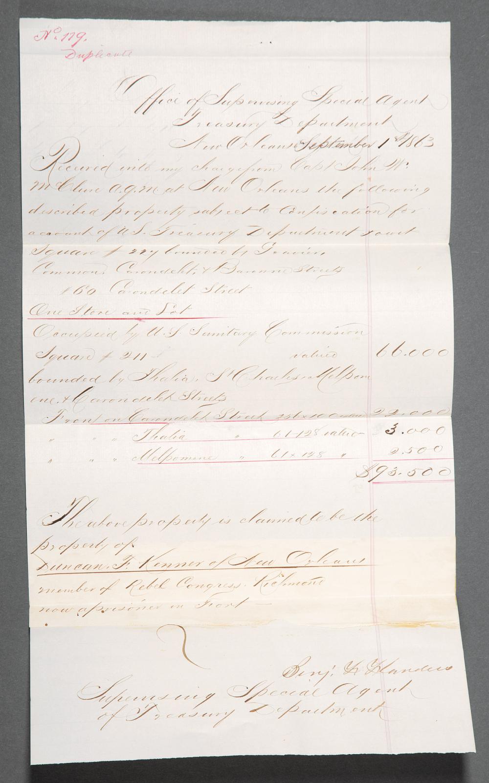 Appraisal: Confederate John Slidell Duncan Kenner Confiscation Papers duplicate receipts of