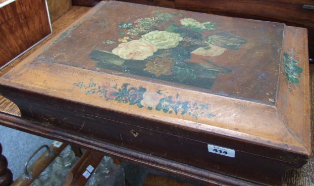 Appraisal: A th century floral painted sewing box of compressed sarcophagus