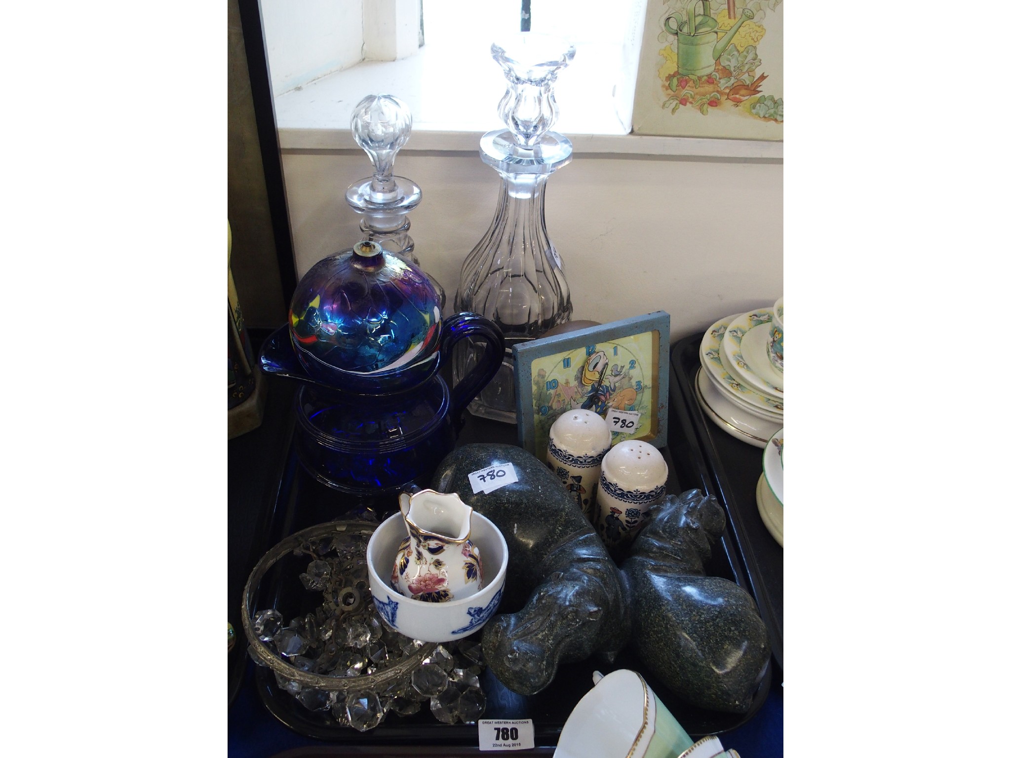 Appraisal: Tray comprising two moulded glass decanters hardstone figural group blue