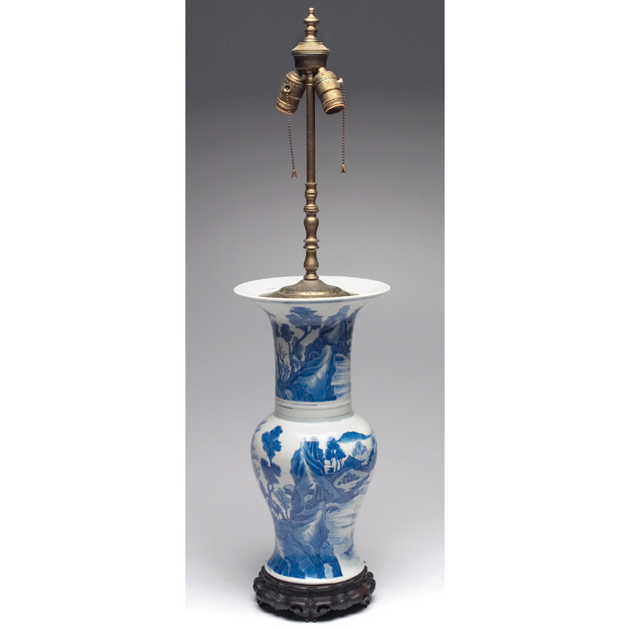 Appraisal: Asian Export lamp base blue transfer decoration with a landscape