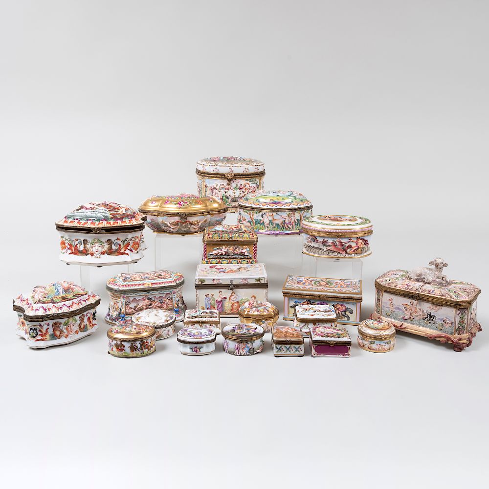 Appraisal: Group of Twenty-One Capodimonte Porcelain Boxes Most with blue crowned