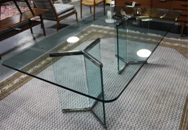 Appraisal: Midcentury Chrome and Glass Dining Table Chrome capped Y form