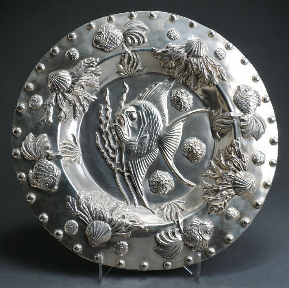 Appraisal: Spanish Colonial Style Repousse Silverplate Tropical Fish Charger D in