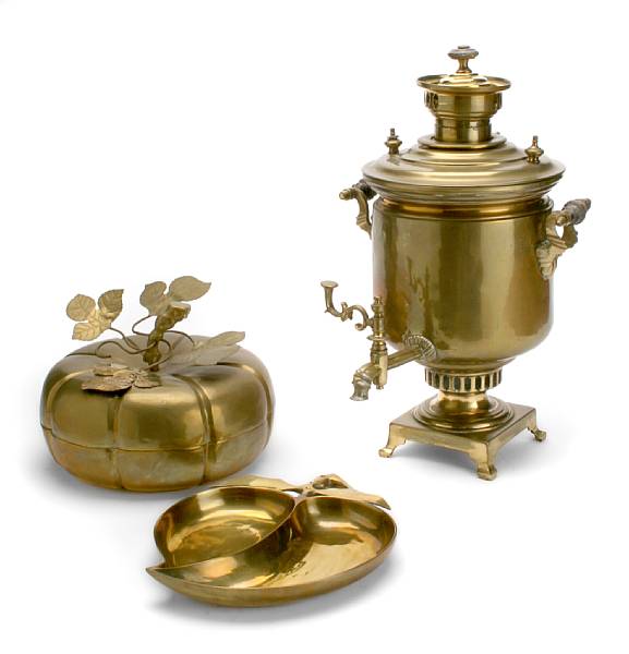 Appraisal: A brass samovar together with a brass covered dish and