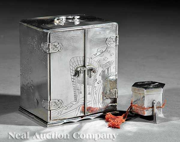 Appraisal: A Japanese Silver-Mounted Table Cabinet Kodansu and a Silver Tripod