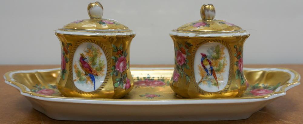 Appraisal: Dresden Gilt and Floral Decorated Porcelain Double Inkwell L in