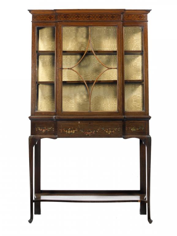 Appraisal: A PAINTED MAHOGANY BREAKFRONT CABINET with inlaid cornice and enclosed