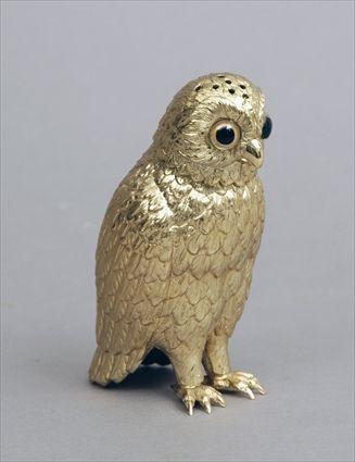 Appraisal: Gilt-Metal Owl-Form Caster in Provenance The Estate of Cynthia Phipps