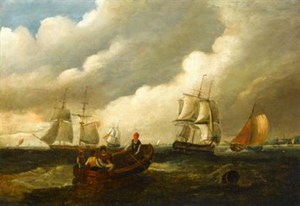 Appraisal: Continental school th century harbor scene with sailing ships and