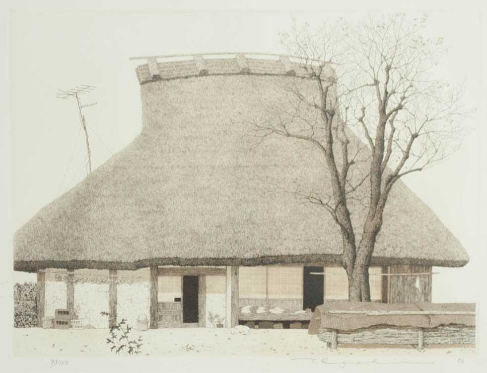 Appraisal: RYOHEI TANAKA ETCHING Japan born Home with thatched roof Image