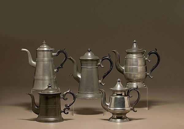 Appraisal: AMERICAN PEWTER TEA AND COFFEE POTS th century Five pots