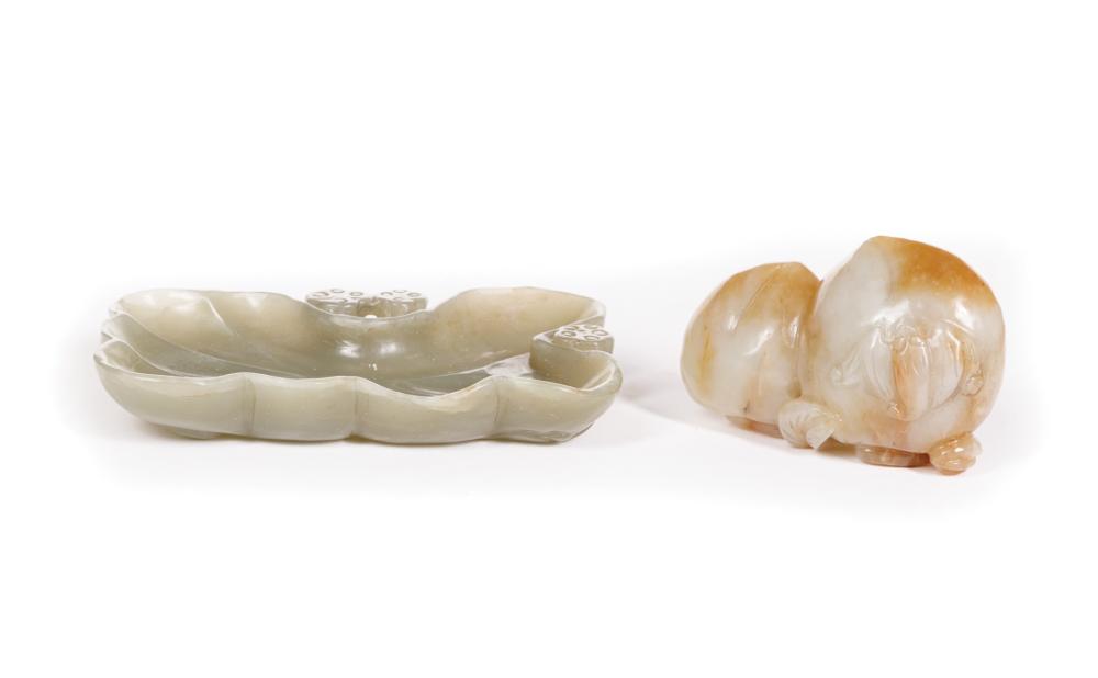 Appraisal: Two Chinese Jade Pieces incl celadon lotus leaf-form brush washer