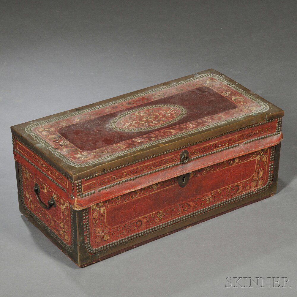 Appraisal: Export Hide-covered Wood Chest Asia rectangular with hinged cover the