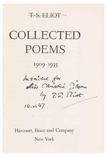 Appraisal: ELIOT T S Collected Poems - New York Harcourt Brace