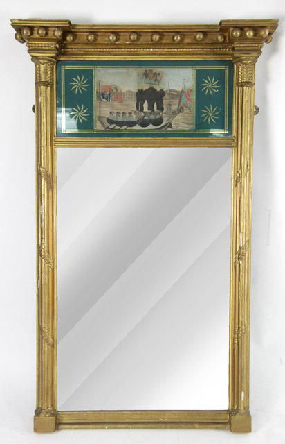 Appraisal: A Regency wall mirror with verre glomis frieze printed with