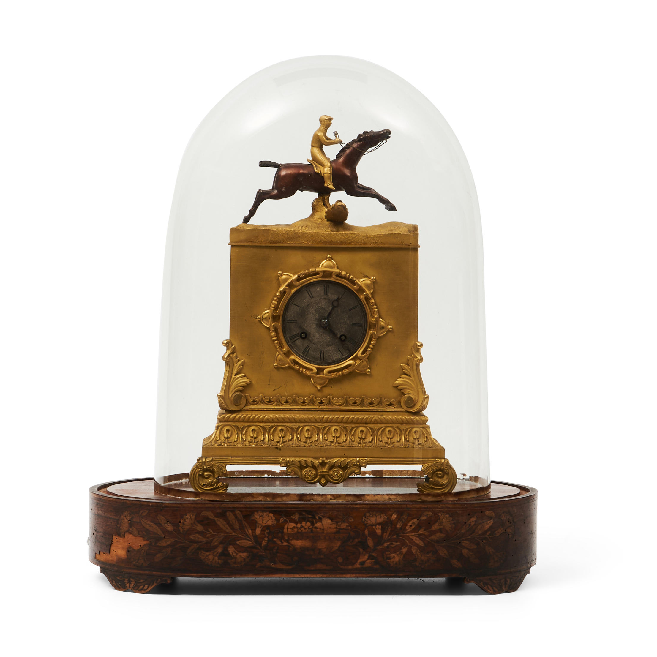 Appraisal: Gilt-Metal Mantel Clock with Cloche decorated with horse and jockey