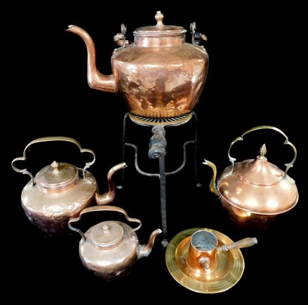 Appraisal: th C Metalware seven pieces including four copper pots tripod