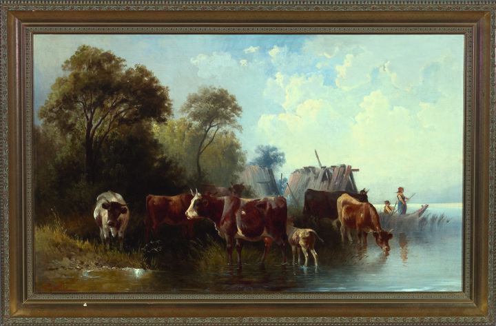 Appraisal: British School th Century Cattle Watering oil on canvas -