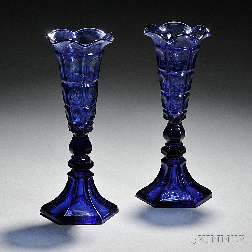 Appraisal: Pair of Cobalt Blue Pressed Four-Printie Block Pattern Glass Vases