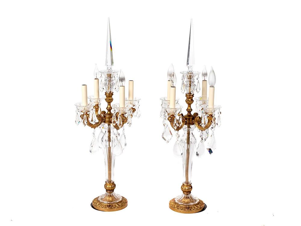 Appraisal: A Pair of Four-Light Gilt Metal and Crystal Four-Light Candelabra