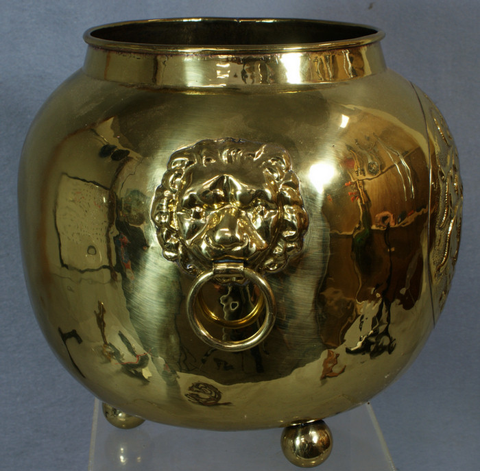 Appraisal: Lg brass footed lion ring handled planter with armorial -