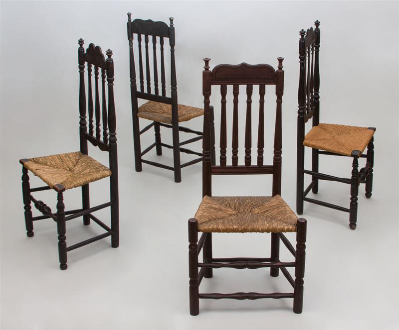 Appraisal: ASSEMBLED GROUP OF FOUR PAINTED BANISTER-BACK SIDE CHAIRS With rush