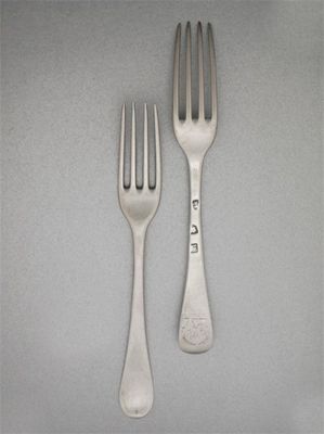 Appraisal: A matched set of six three-prong table forks with the