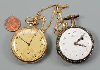 Appraisal: Pocket Watches K Waltham w K Chain Enameled Geneve Watch