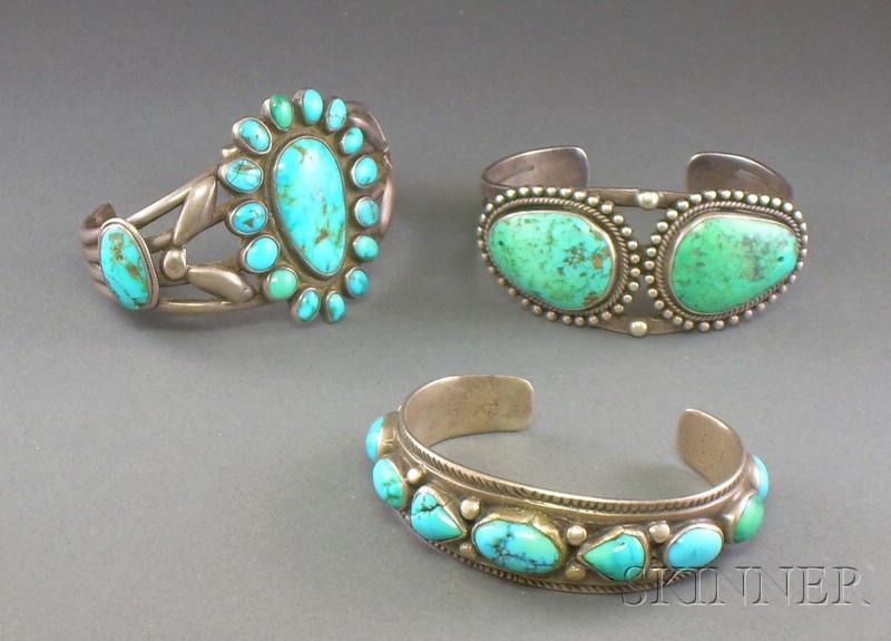 Appraisal: Three Southwest Silver and Turquoise Bracelets Navajo first half th