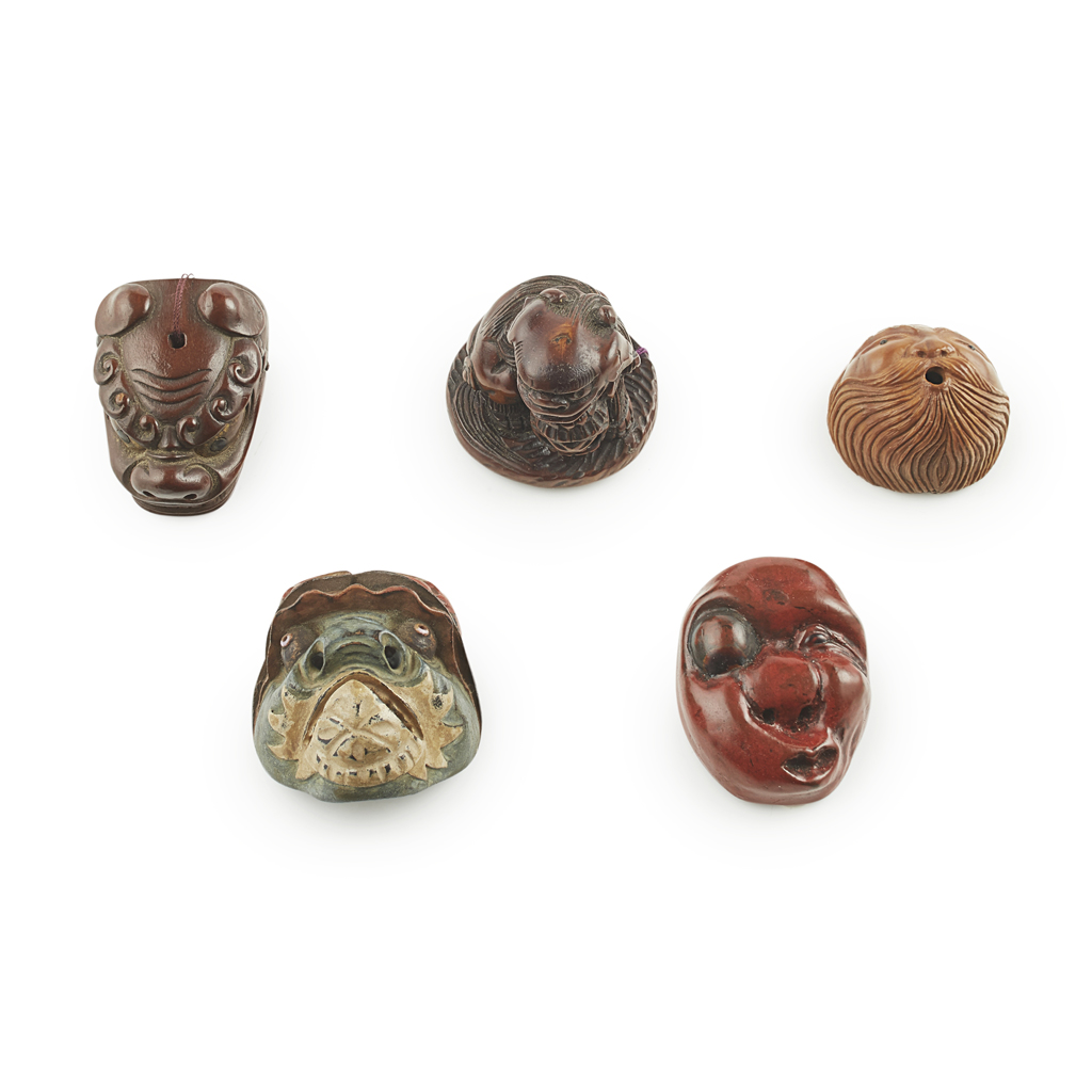 Appraisal: GROUP OF FIVE WOOD AND NUT NETSUKE MEIJI PERIOD comprising