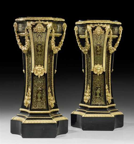 Appraisal: PAIR OF IMPORTANT PEDESTALS WITH BOULLE MARQUETRY late R gence