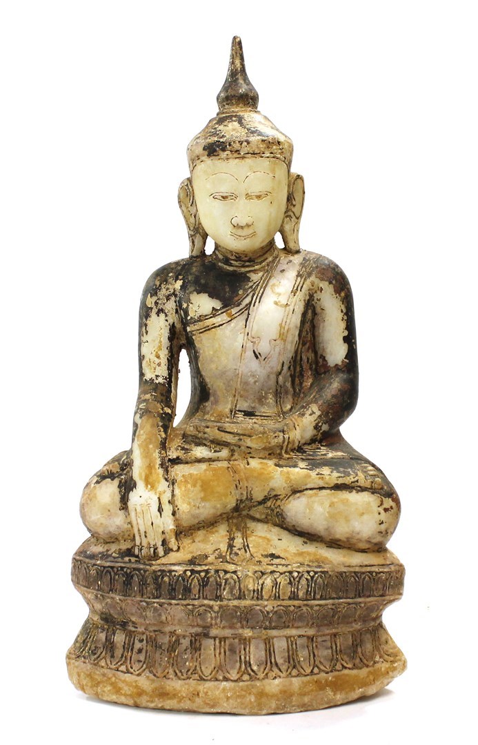 Appraisal: A Burmese cold-painted alabaster figure of a seated Buddha late