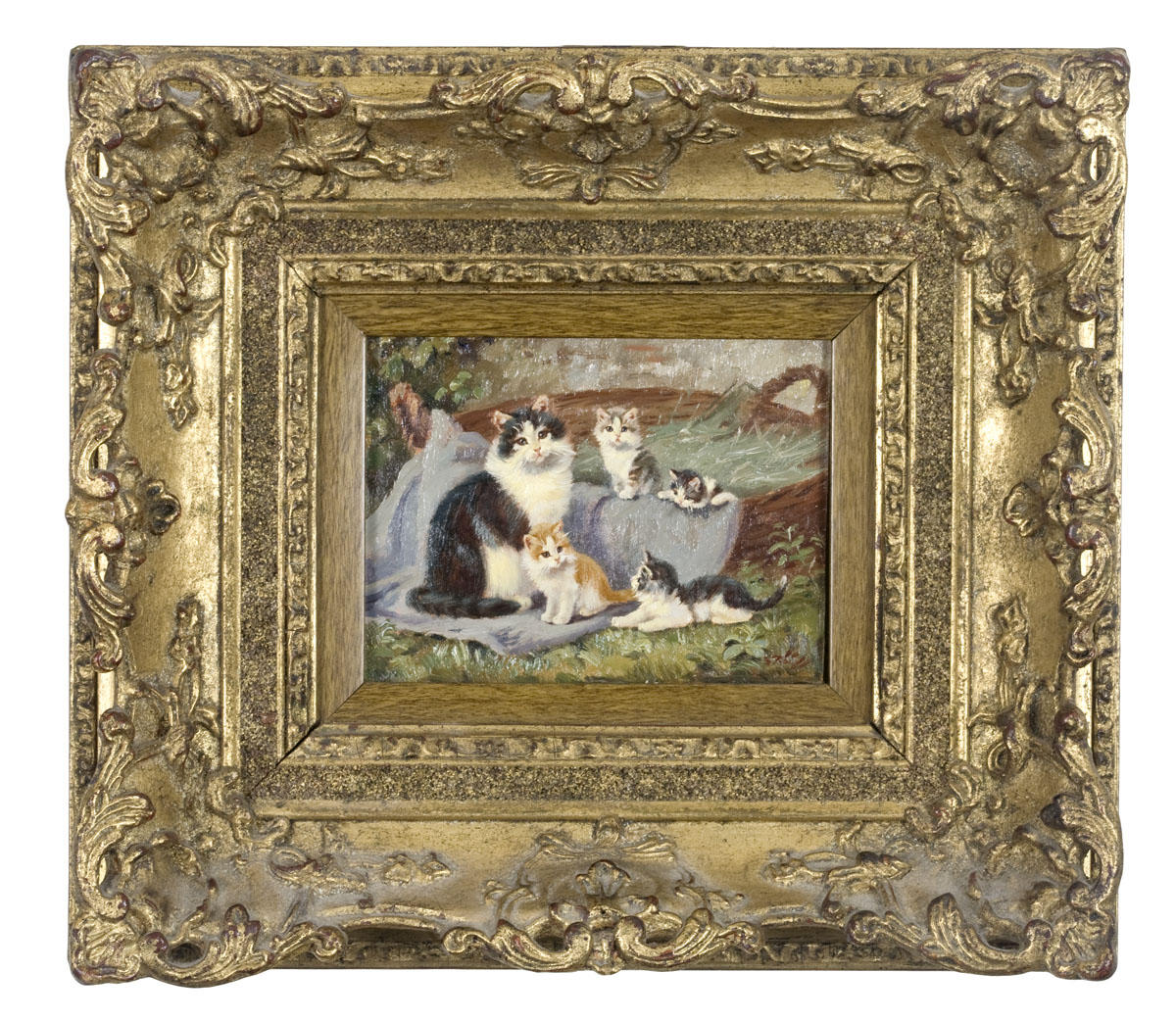 Appraisal: MOTHER CAT WITH FOUR KITTENS BESIDE A BASKET Oil on