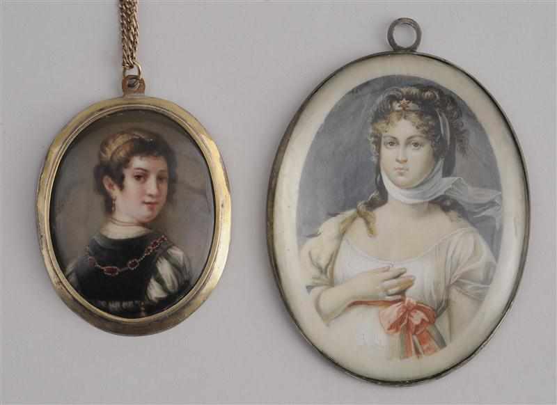 Appraisal: TWO OVAL PORTRAIT MINIATURES OF BEAUTIES The one watercolor on