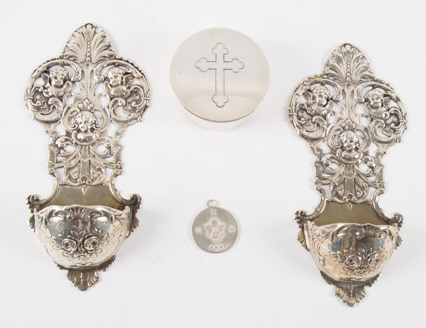 Appraisal: Pair of German silver holy water fonts in H together