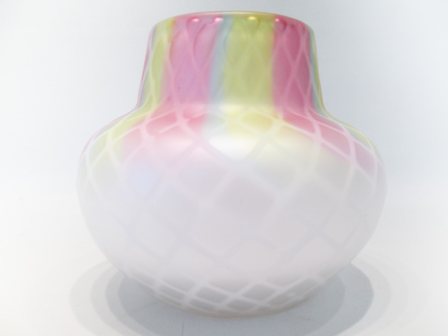 Appraisal: RAINBOW SATIN GLASS VASE Mother-of-Pearl diamond quilted pattern acid etched