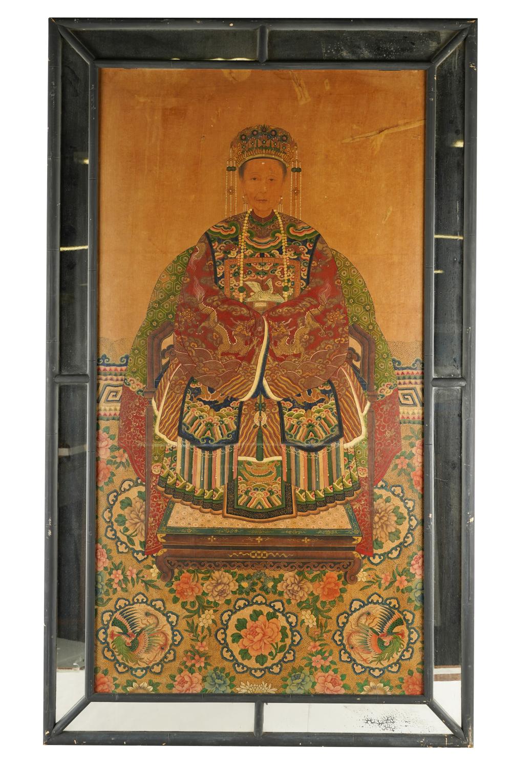 Appraisal: CHINESE ANCESTRAL PAINTINGpaper on panel set in mirrored frame Provenance