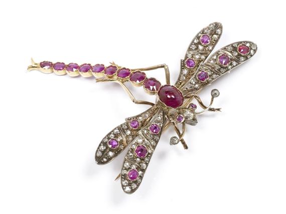 Appraisal: RUBY AND DIAMOND BROOCH France ca Yellow gold and silver